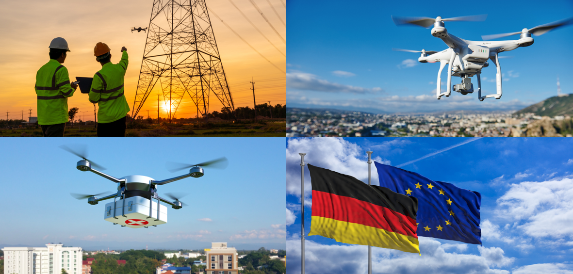 Das Bild besteht aus 4 gleich großen Einzelbildern: Oben links: Eine Drohne fliegt in der Nähe von Stromleitungen. Im Vordergrund stehen zwei Personen mit Helm und einem Tablet in der Hand. Eine Person zeigt auf die Drohne. Oben rechts: eine Drohne in Nahaufnahme fliegt über ein Stadtgebiet. Unten Links: Eine Drohne hält einen medizinischen Koffer und fliegt über ein Stadtgebiet. Unten rechts: Die Deutschlandflagge und die EU-Flagge wehen in der Luft.